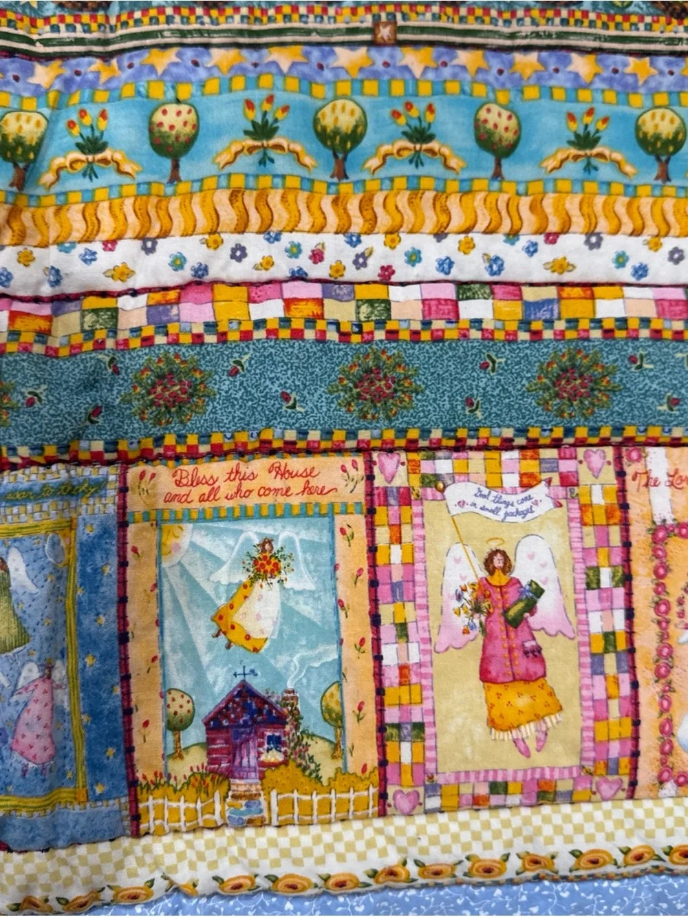 Hand Quilted Angel Baby Quilt Blue Handmade Crib Blanket  With Flannel Back